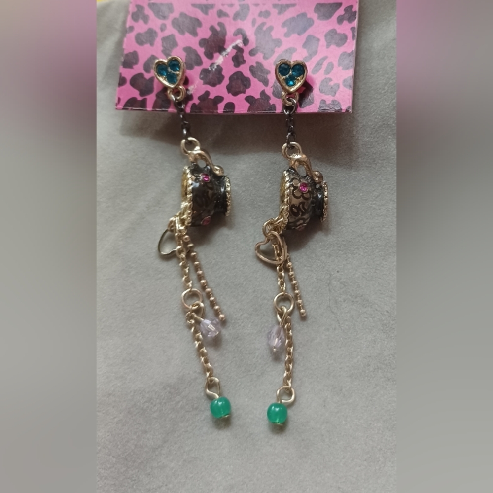 New Golden Crystal Spilling Tea Teacup Hearts Dangly Earrings